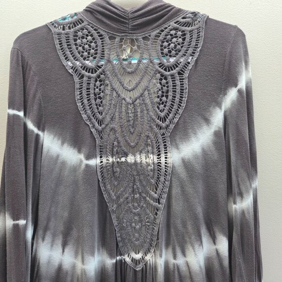 Lucie Lu Crochet Detail Open Front Waterfall Jersey Knit Cardigan Tie Dye Brown - Picture 8 of 12